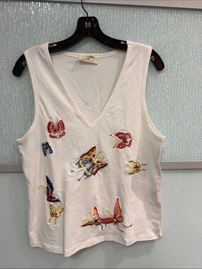 Embroidered Butterfly V-Neck Tank Top - Cream